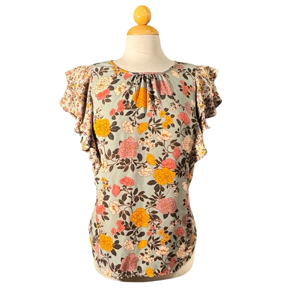 DR2 Tops - Floral Ruffle Sleeve Women's Top - Blue, Pink & Yellow Floral